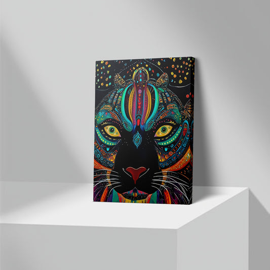 2D Flat 1pc Psychedelic Ayahuasca Black Jaguar Canvas Wall Art | Vibrant Shamanic Decor with Intricate Patterns | Framed Canvas for Bedroom, Living Room, or Corridor