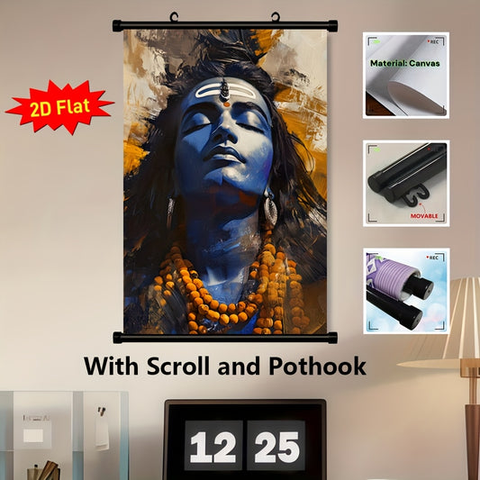 2D Flat Lord Shiva Hindu Deity Framed Canvas Wall Art | Indian Religious Artwork with Auspicious Red and White Ganga Jamuni Tikona | Ready to Hang Scroll Poster for Home Temple Office or Spiritual Gift | Compatible with Indian Scroll Rods