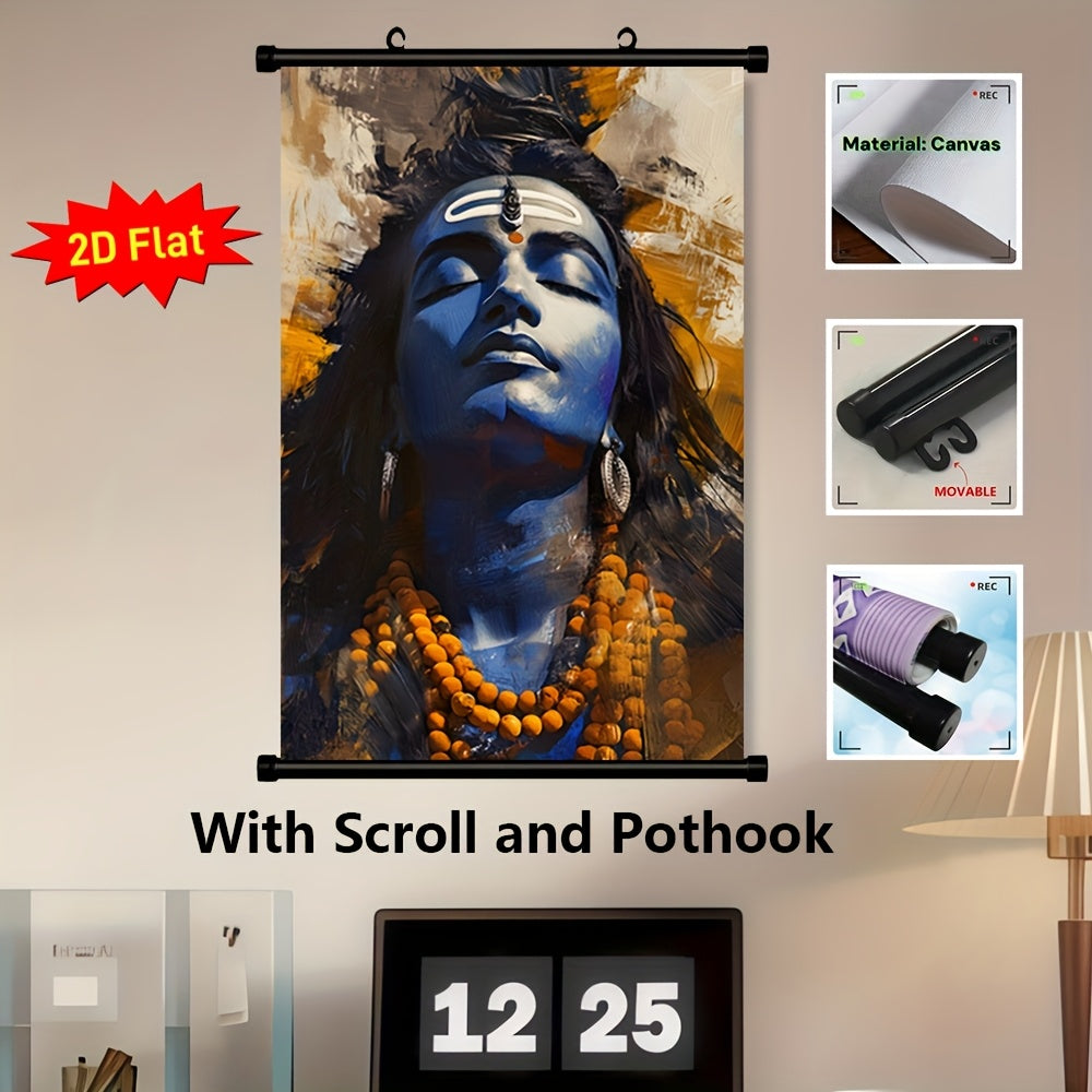 2D Flat 1pc Lord Shiva Hindu Deity Framed Canvas Wall Art | Indian Religious Artwork with Auspicious Red and White Ganga Jamuni Tikona | Ready to Hang Scroll Poster for Home Temple Office or Spiritual Gift | Compatible with Indian Scroll Rods