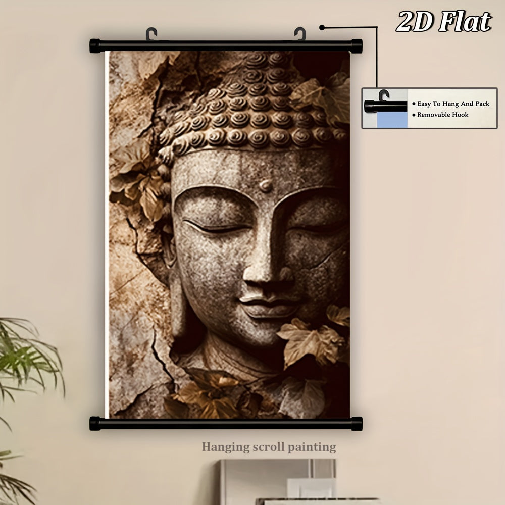 2D Flat 1pc Buddha Face Hanging Scroll Canvas Painting | French Art Deco Contemporary Zen Wall Art in Beige and Brown | Frameless Scroll for Meditation Spaces Living Room Bedroom or Office | Durable Spiritual Decor