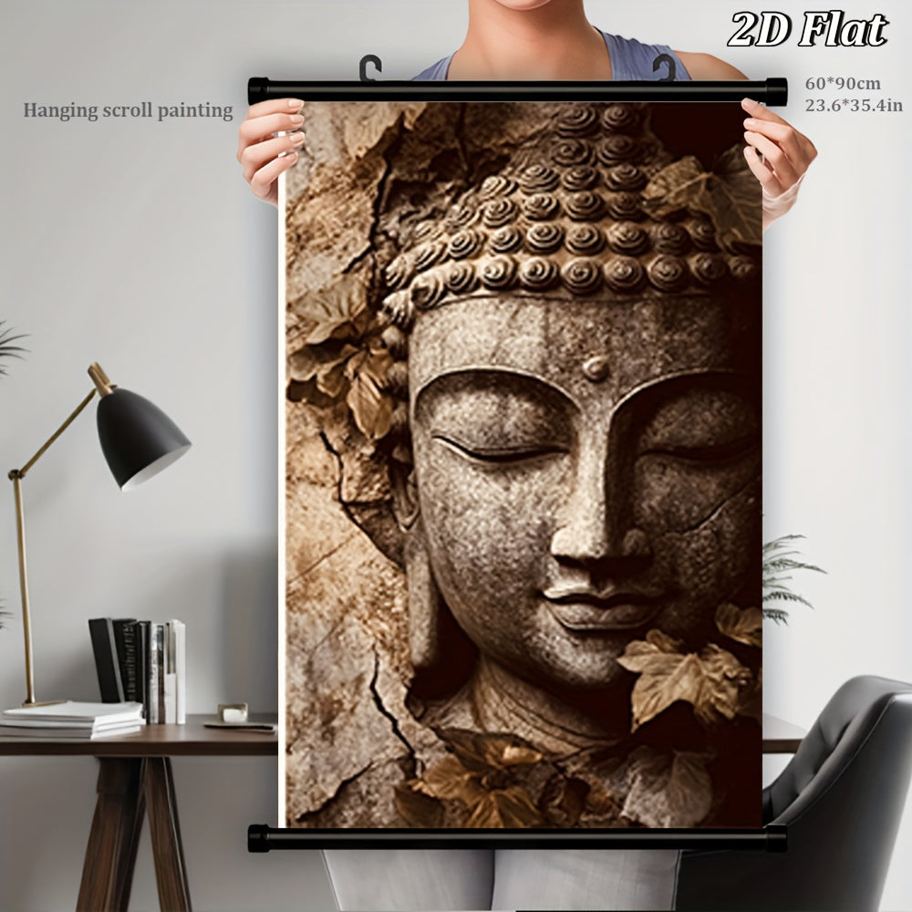2D Flat 1pc Buddha Face Hanging Scroll Canvas Painting | French Art Deco Contemporary Zen Wall Art in Beige and Brown | Frameless Scroll for Meditation Spaces Living Room Bedroom or Office | Durable Spiritual Decor