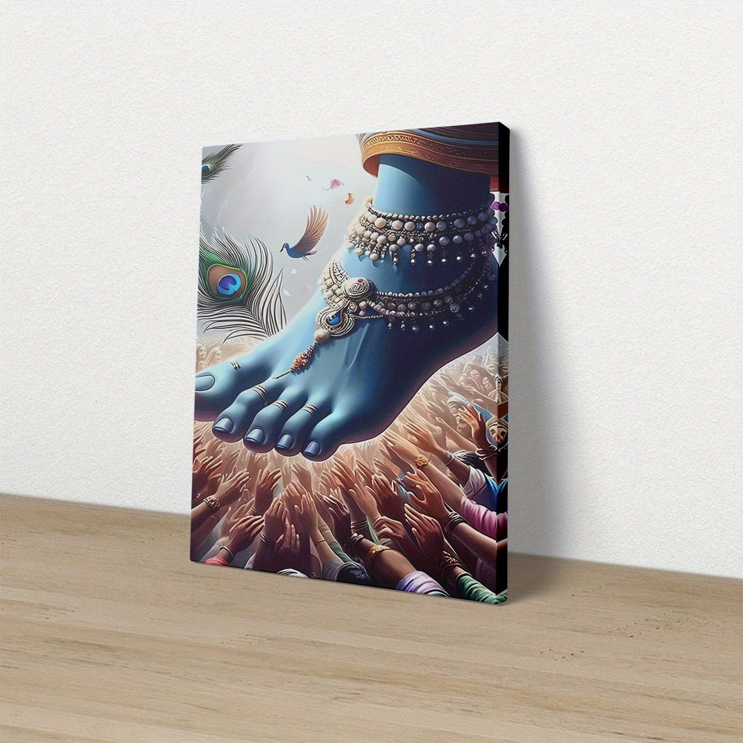 1pc Framed 2D Flat Canvas Painting Krishna Foot Peacock Feather Spiritual Art for Living Room Bedroom Office Yoga Studio Meditation Space Prayer Room Decor