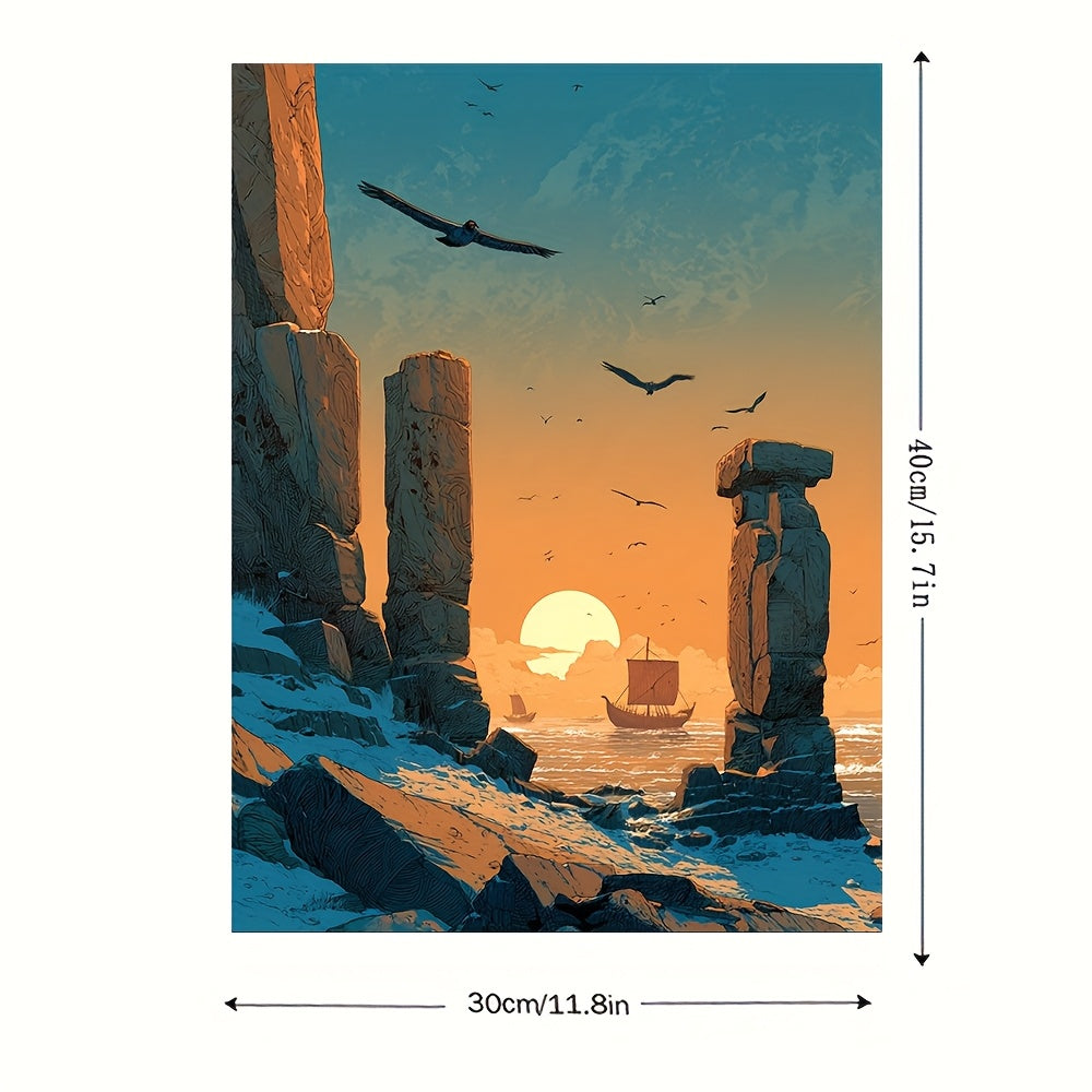 12x16 Inch Norse Viking Rune Framed Canvas Art Print | Ancient Ruins and Viking Longship Landscape | Scandinavian Mythology Wall Decor for Living Room Office or Man Cave