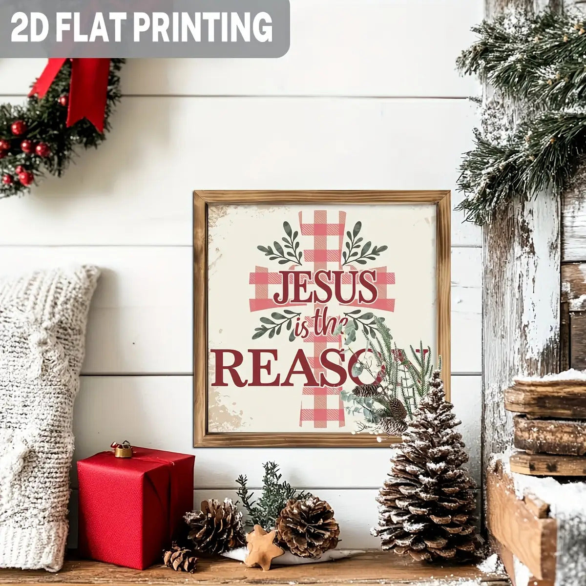 1pc 2D Flat Jesus Is the Reason Wooden Sign | Wooden Cross Scripture Wall Décor with Verse | Framed Farmhouse Design with Vertical Plaid and Greenery | Christian Home, Church, or Christmas Gift | 2D Flat