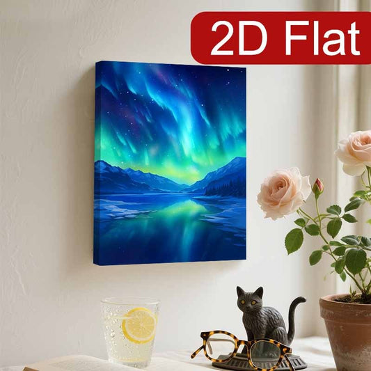2D Flat 1pc Northern Lights Aurora Borealis Framed Canvas Wall Art | Green and Blue Aurora Over Snowy Mountains | Vertical Landscape Decor