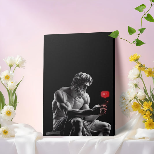 2D Flat Framed Zeus Canvas Artwork | Statue of Zeus with Phone | Mythology Wall Art for Living Room Bedroom Office Study or Gallery