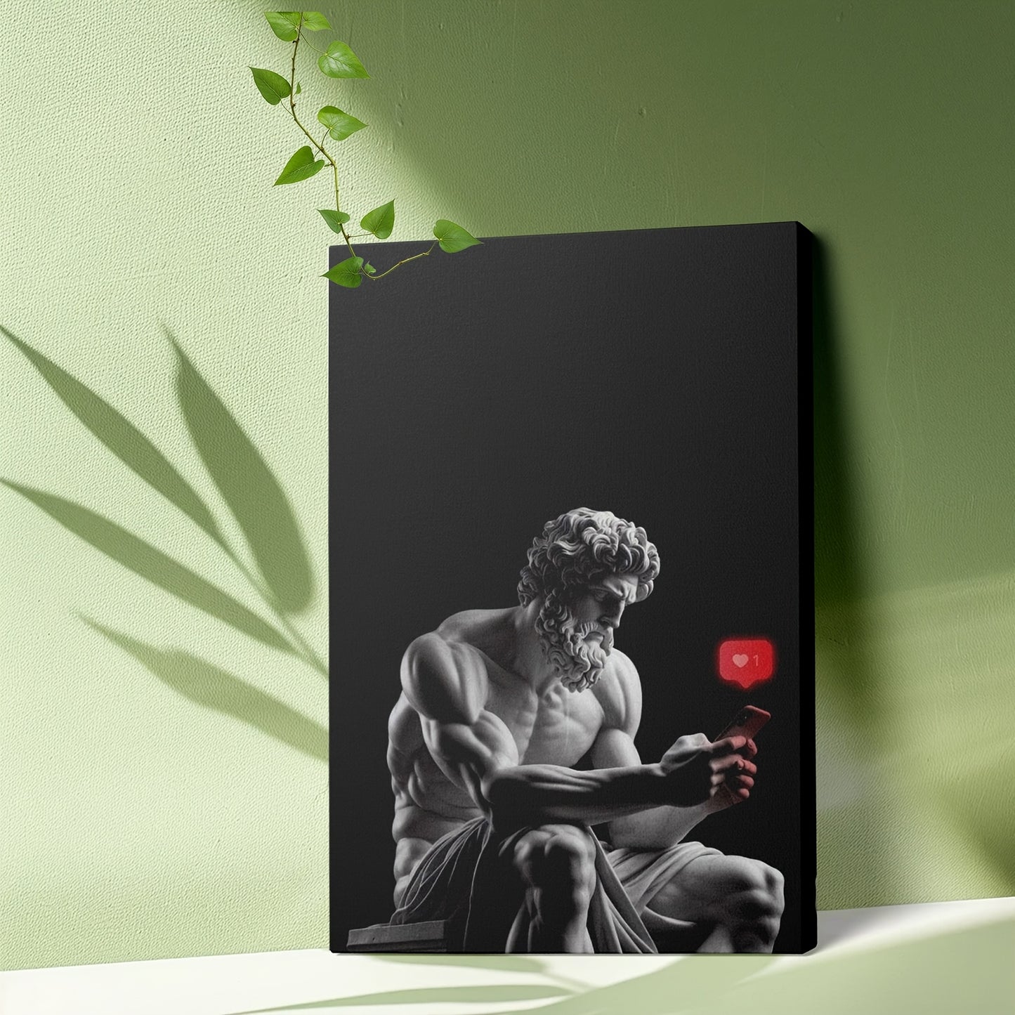 2D Flat Framed Zeus Canvas Artwork | Statue of Zeus with Phone | Mythology Wall Art for Living Room Bedroom Office Study or Gallery
