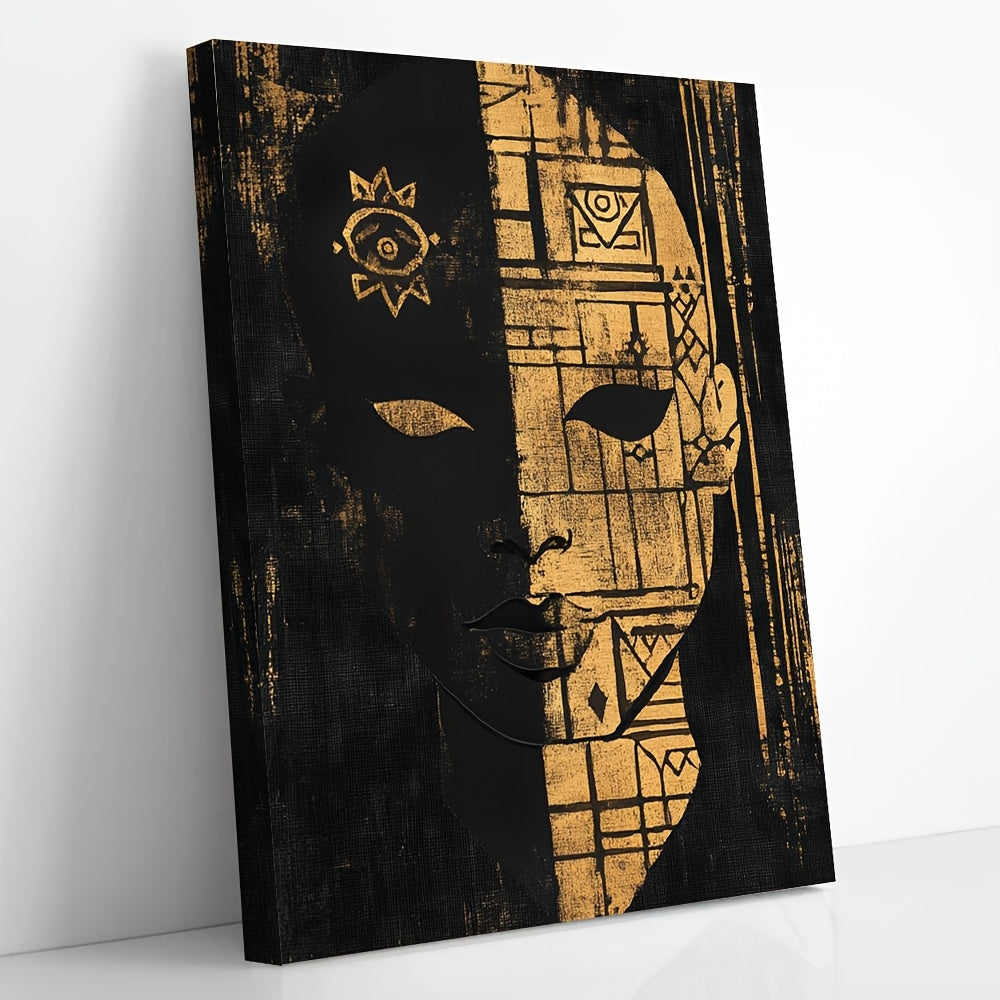 2D Flat Minimalist Framed Canvas Print – 11.8x15.7 Inch Stylized Tribal Portrait with Abstract Adinkra Symbols – Modern Wall Art for Living Room, Bedroom, or Office