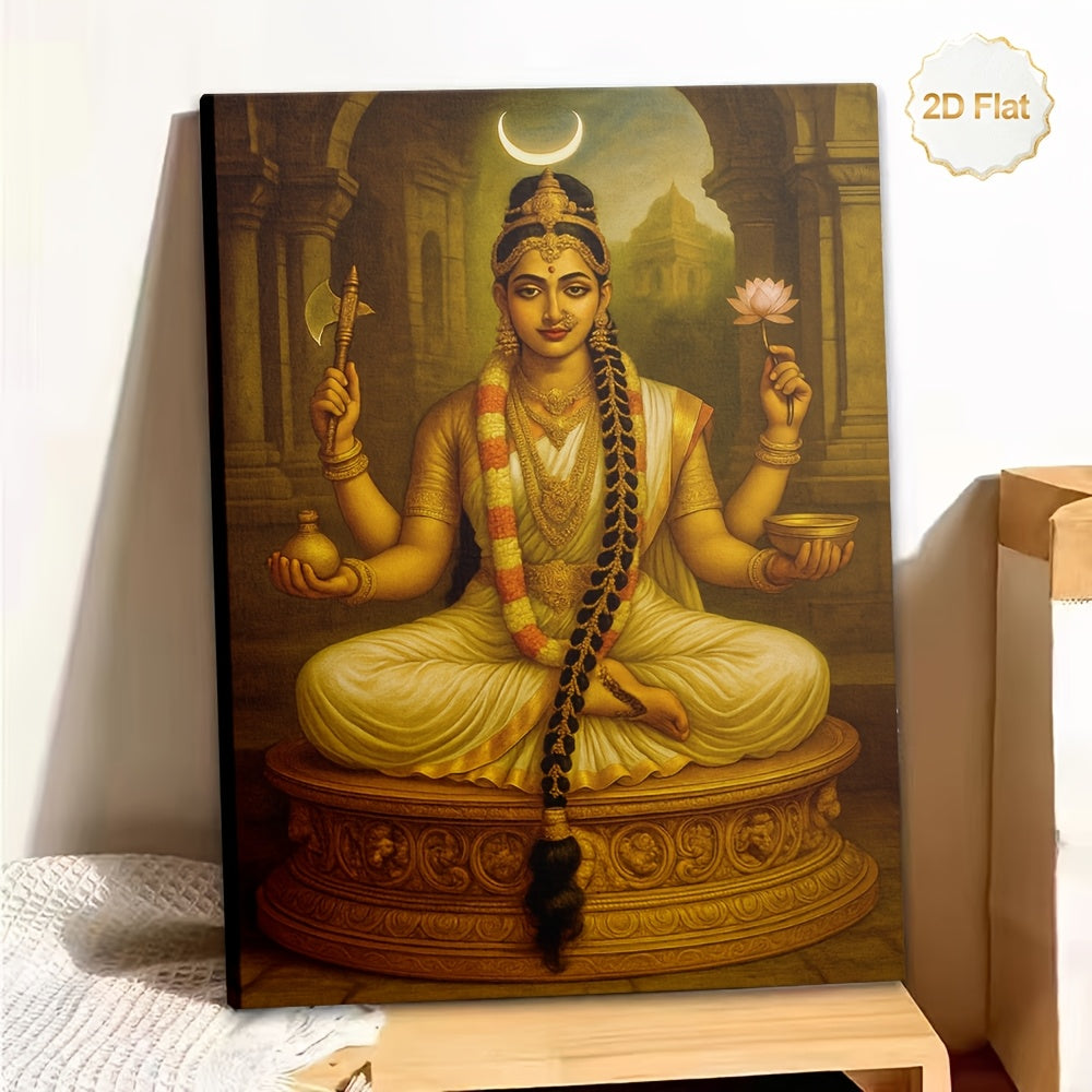 1pc 2D Flat Framed Hindu Goddess Devi Canvas Painting Crescent Moon Axe Lotus Pot Spiritual Wall Art for Living Room Bedroom Temple Meditation Room Study Office