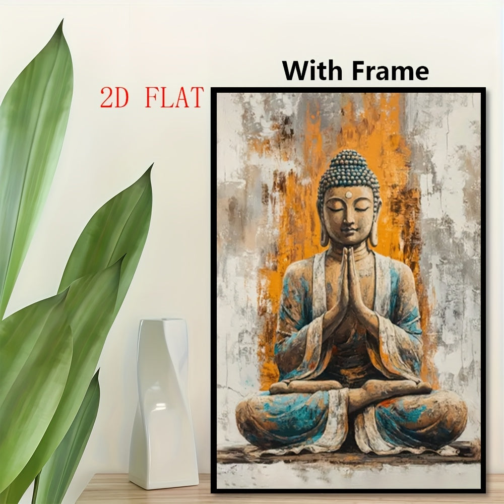 2D Flat 1pc Art Deco Style Framed Canvas Print | Buddha Meditation Wall Art | 2D Flat Design with Polyvinyl Chloride Frame | Wall Decor for Home Bedroom Living Room Office Cafe Bar Dormitory Bathroom and Event Spaces