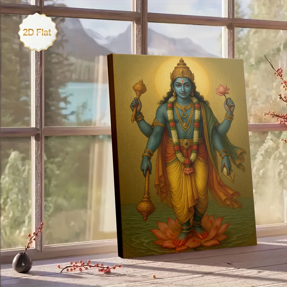 1pc 2D Flat Framed Hindu Deity Vishnu Canvas Painting Four Main Forms Chatur-Skhanda Spiritual Wall Art for Living Room Bedroom Meditation Room Office Temple