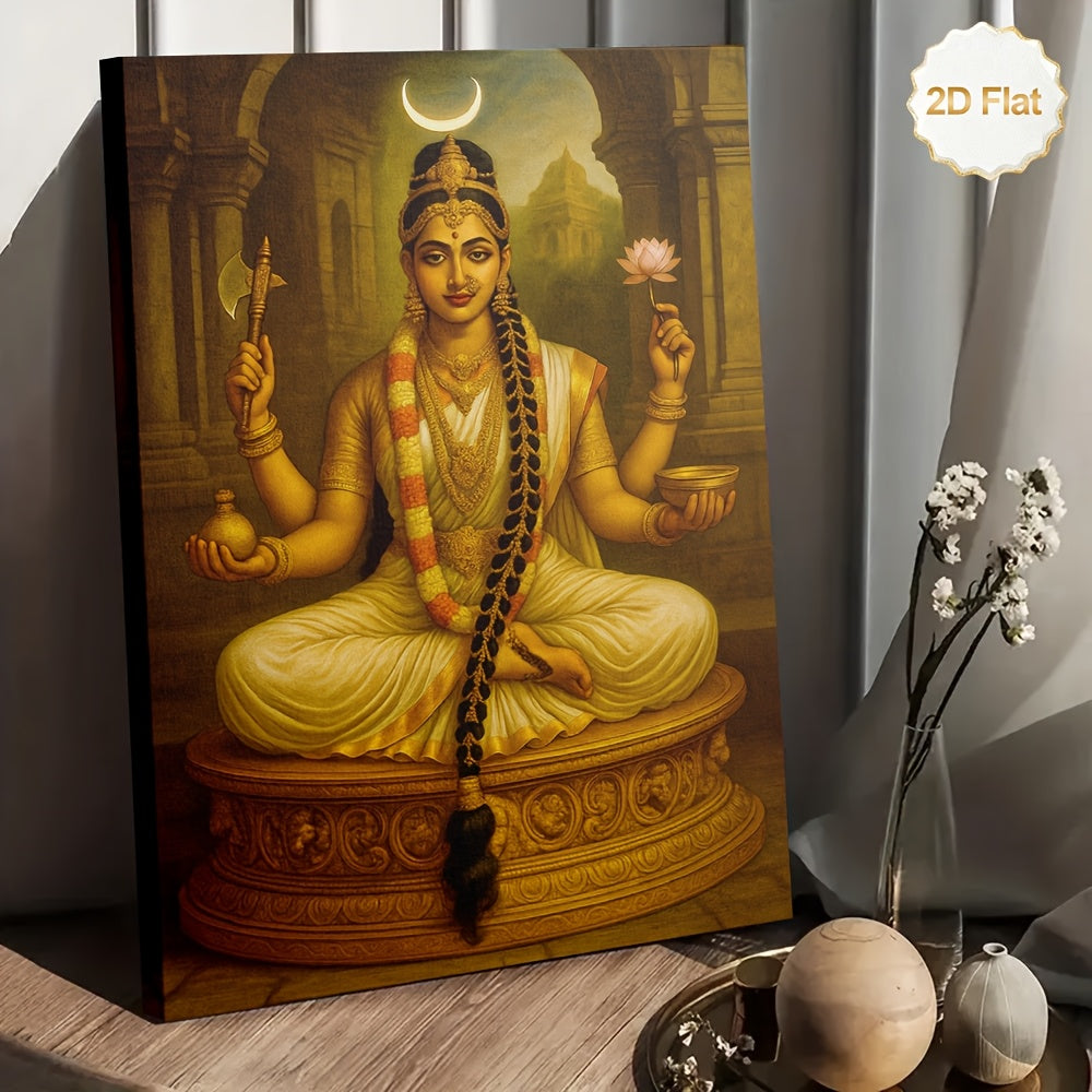 1pc 2D Flat Framed Hindu Goddess Devi Canvas Painting Crescent Moon Axe Lotus Pot Spiritual Wall Art for Living Room Bedroom Temple Meditation Room Study Office