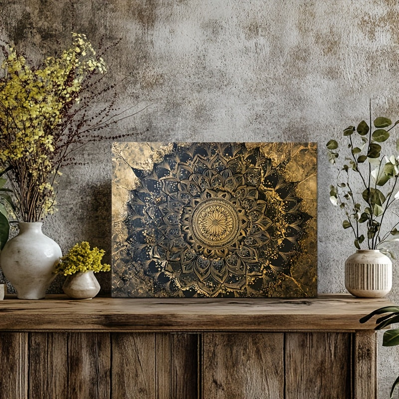 Golden Mandala Canvas Wall Art with Wooden Frame – Elegant Spiritual Floral Design for Living Room, Bedroom & Nursery Decor