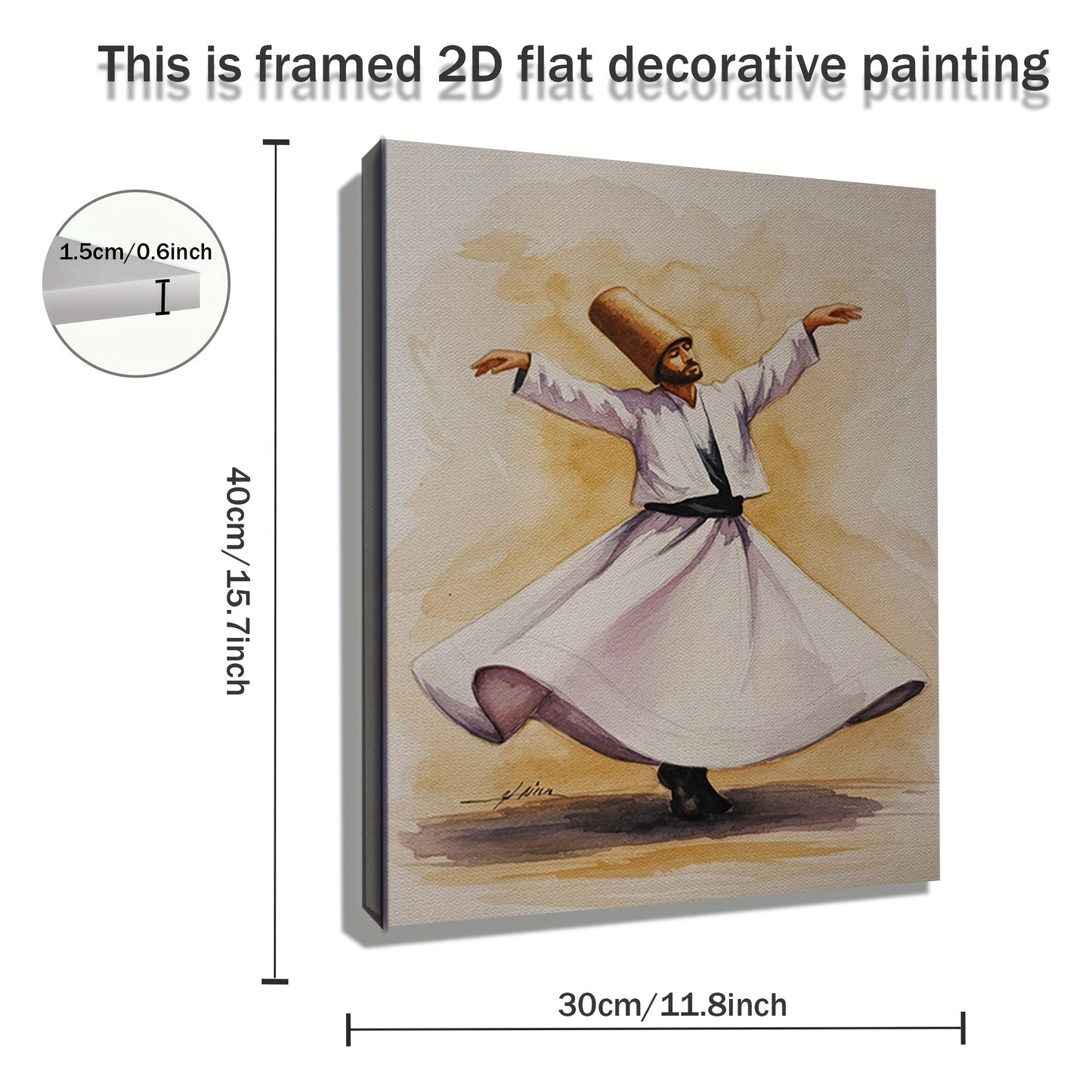 2D Flat 1pc Whirling Dervish Sufi Dance Mystic Turkish Cultural Wall Art Framed Canvas Painting 11.8x15.7 Inch for Bedroom Living Room Bathroom Kitchen Spiritual Gift