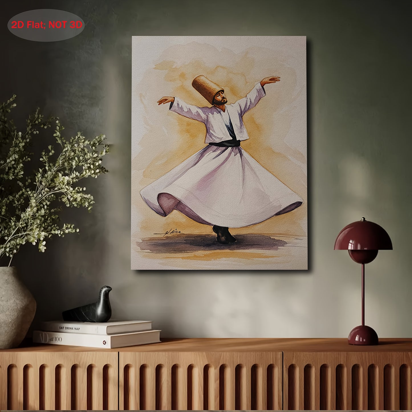 2D Flat 1pc Whirling Dervish Sufi Dance Mystic Turkish Cultural Wall Art Framed Canvas Painting 11.8x15.7 Inch for Bedroom Living Room Bathroom Kitchen Spiritual Gift