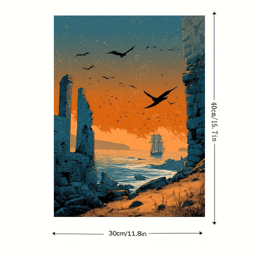 12x16 Inch Norse Viking Rune Framed Canvas Art Print | Ancient Ruins and Viking Ship Landscape in Earthy Orange and Teal | Norse Mythology Wall Decor for Living Room or Office