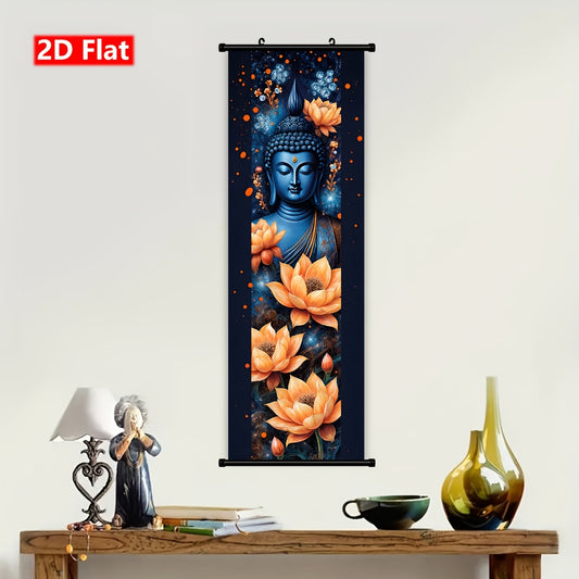 1pc Framed 2D Flat Canvas Painting Blue Buddha with Orange Lotus Flowers Abstract Wall Art Spiritual Decor for Bedroom, Office, Living Room, and Home