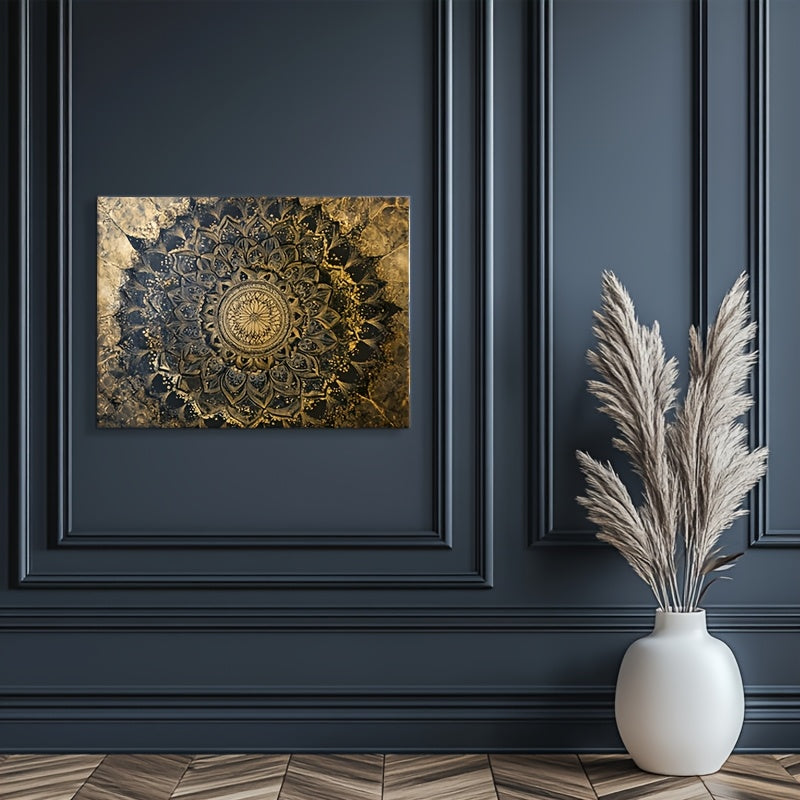 Golden Mandala Canvas Wall Art with Wooden Frame – Elegant Spiritual Floral Design for Living Room, Bedroom & Nursery Decor